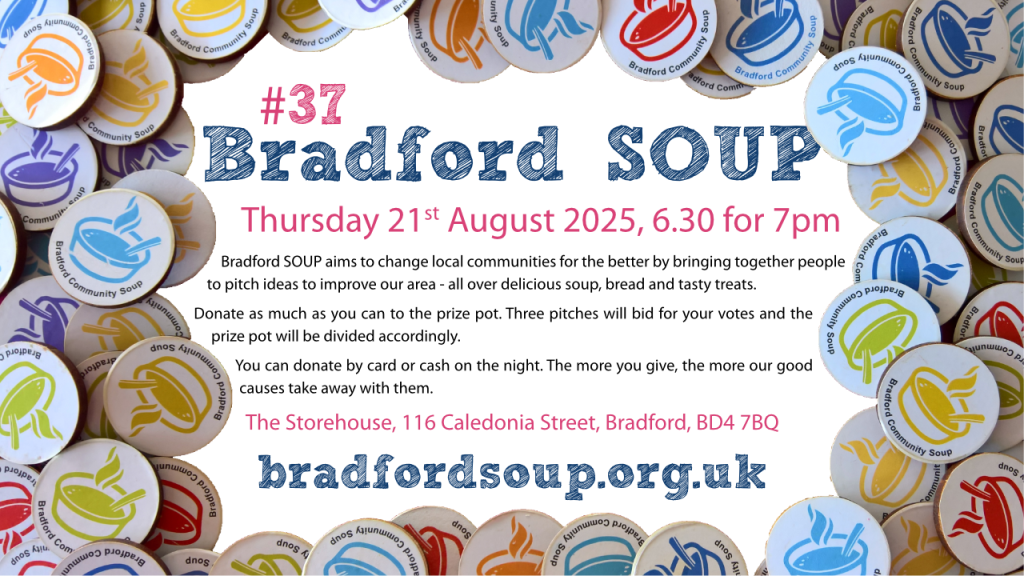Flier for Bradford SOUP #37 on Thursday 21st August 2025. Text given elsewhere on this page.